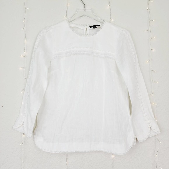 J. Crew Tops - J Crew White Crewneck Lace Tassel Pom Pom accented Keyhole Back Linen Blouse 00P